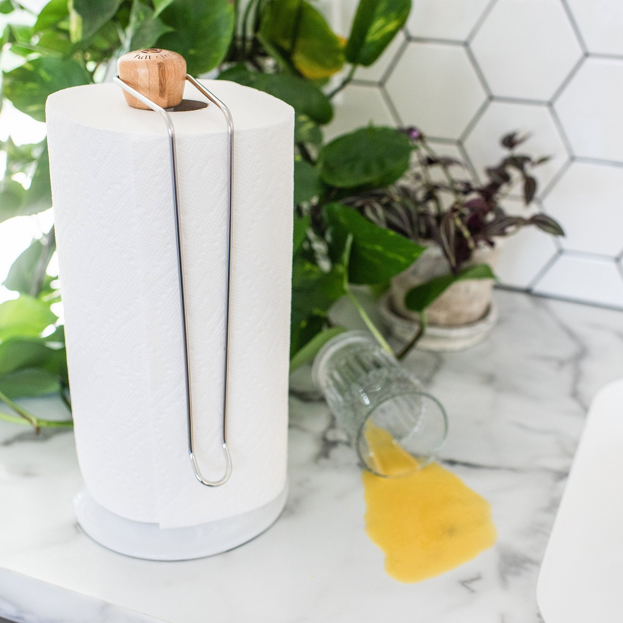 Full Circle Roll Model Ceramic Paper Towel Holder, Bamboo Handle
